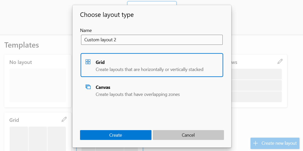 Choosing a layout type when creating a layout in PowerToys.