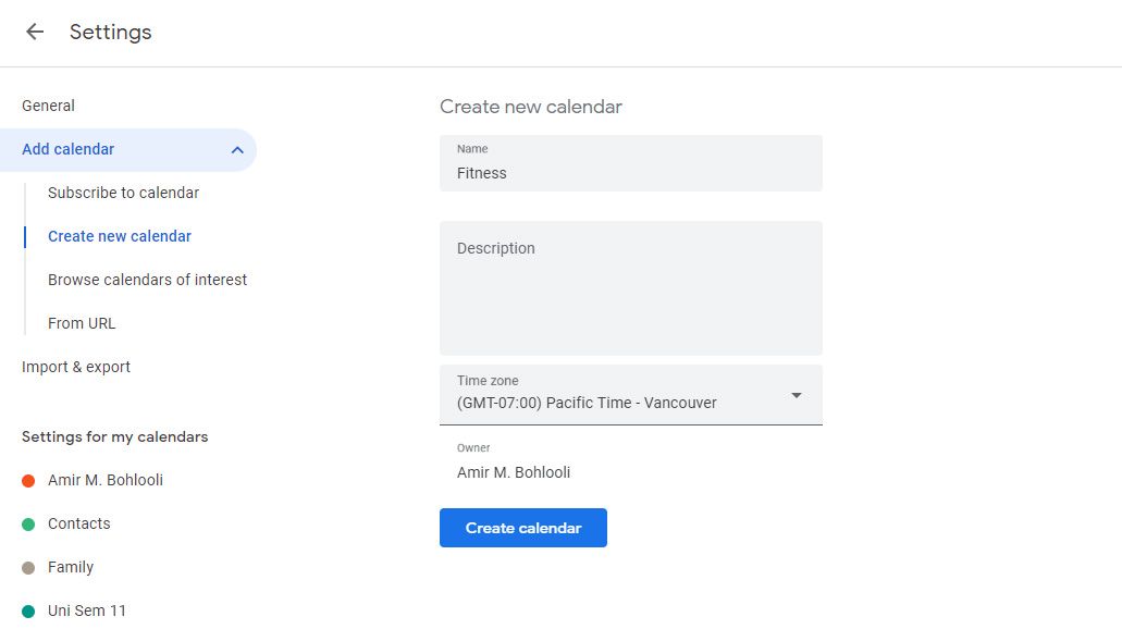 Creating a new calendar in Google Calendars