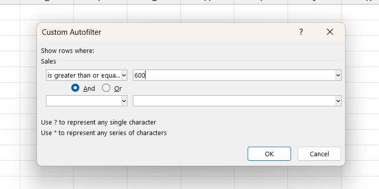 Setting criteria for the "is greater than or equal to" custom filter in Excel.