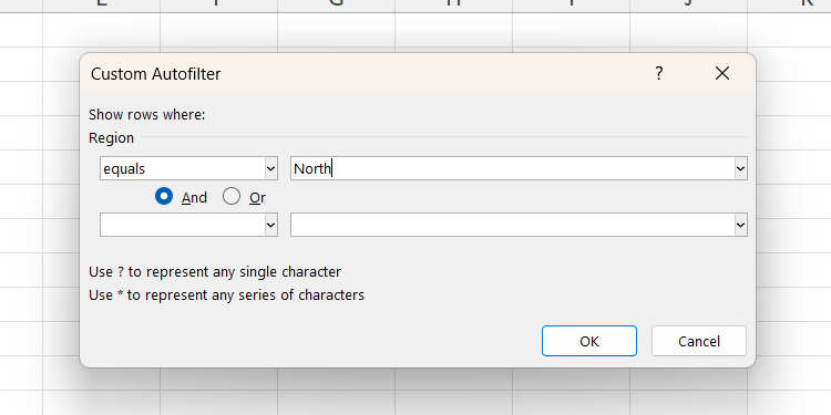 Setting criterial for the "Equals" custom filter in Excel.