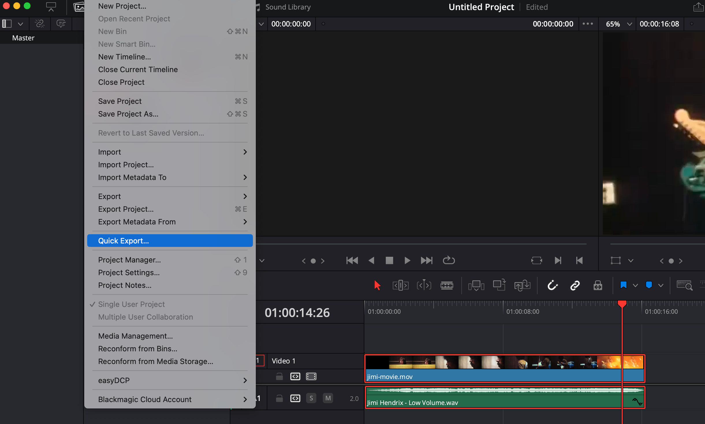 منوی صادرات سریع DaVinci Resolve