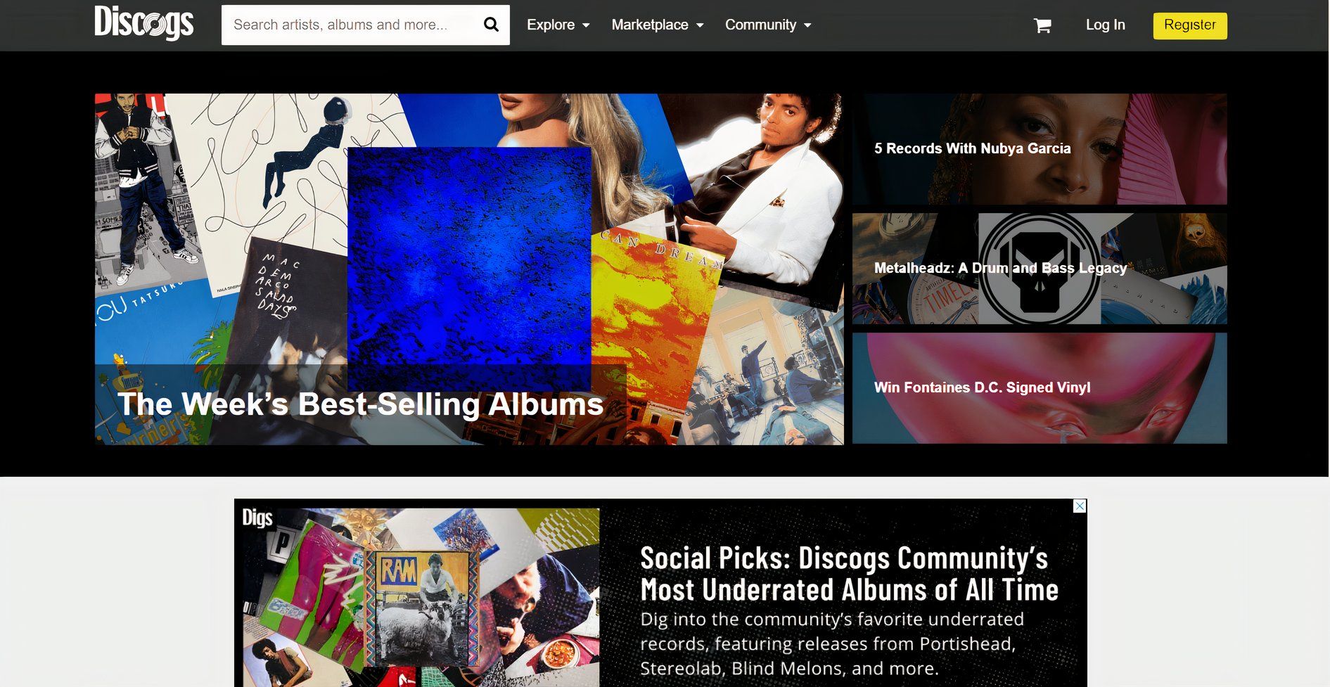 The homepage of Discogs that highlights the weeks best selling items and navigation.