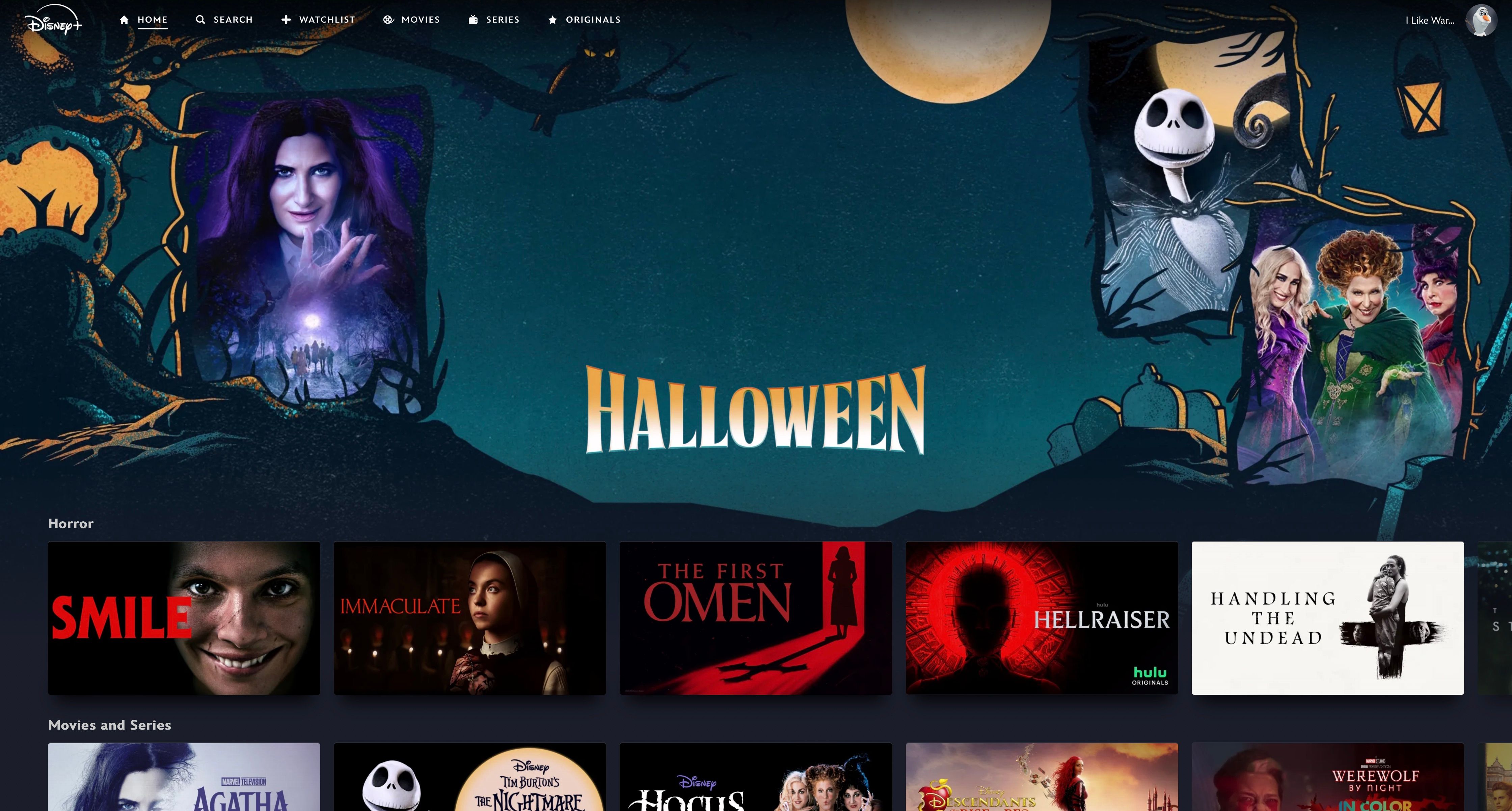 Disney+ Halloween 2024 with Horror section