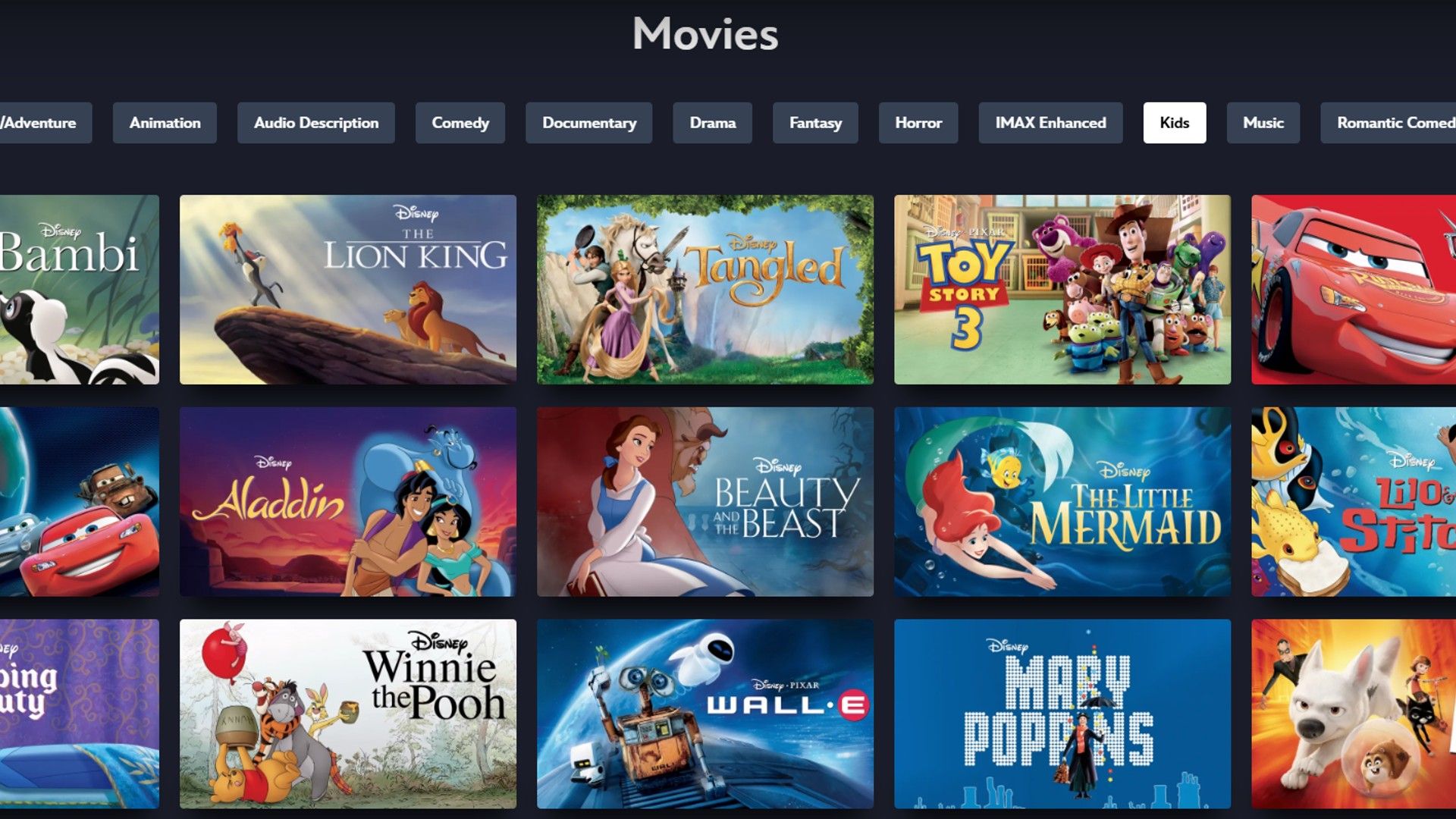 Grid view of classic and new Disney kid's movies.