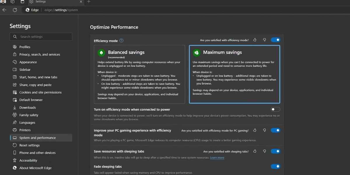 Edge browser performance settings page on windows 11