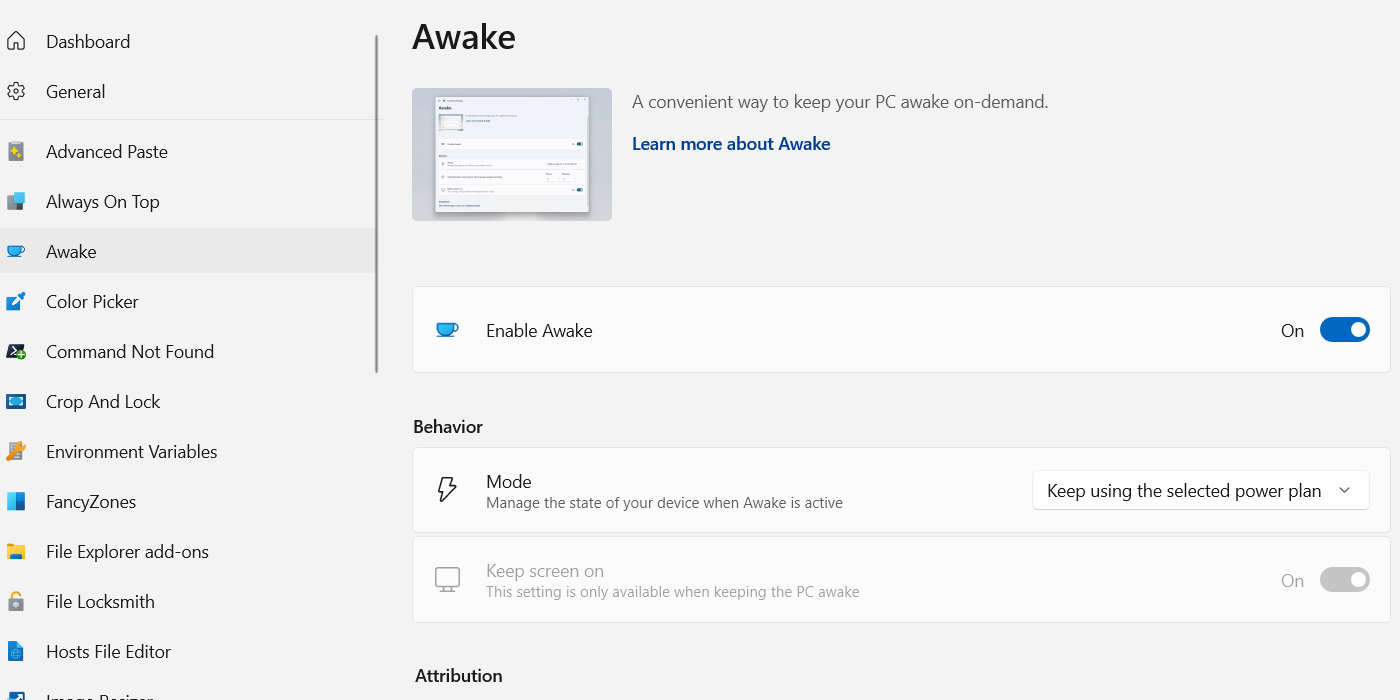 Enabling Awake mode in PowerToys on Windows.