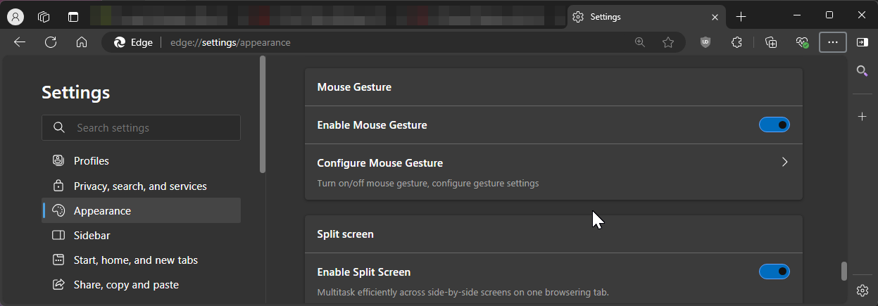 Mouse Gesture settings in Microsoft Edge