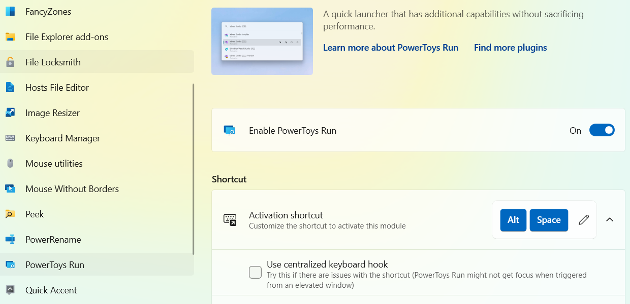 Enabling PowerToys Run on Windows.