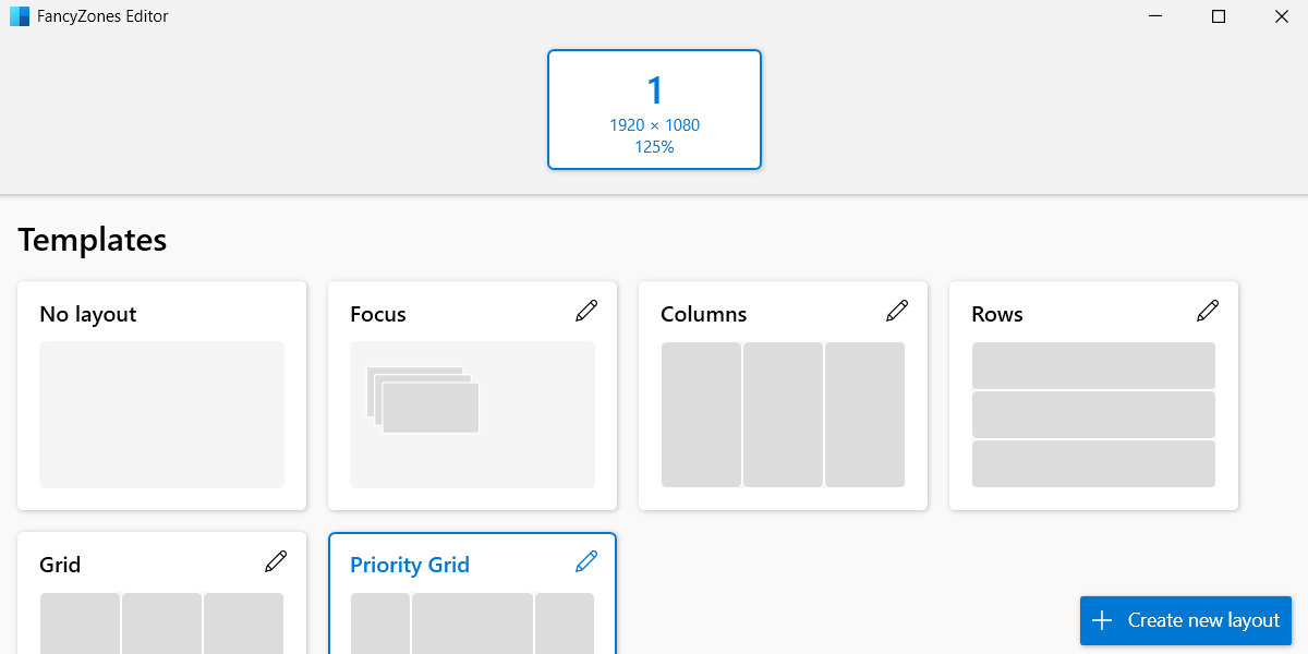 The PowerToys layout editor on Windows showing different templates and an option to create a new layout.