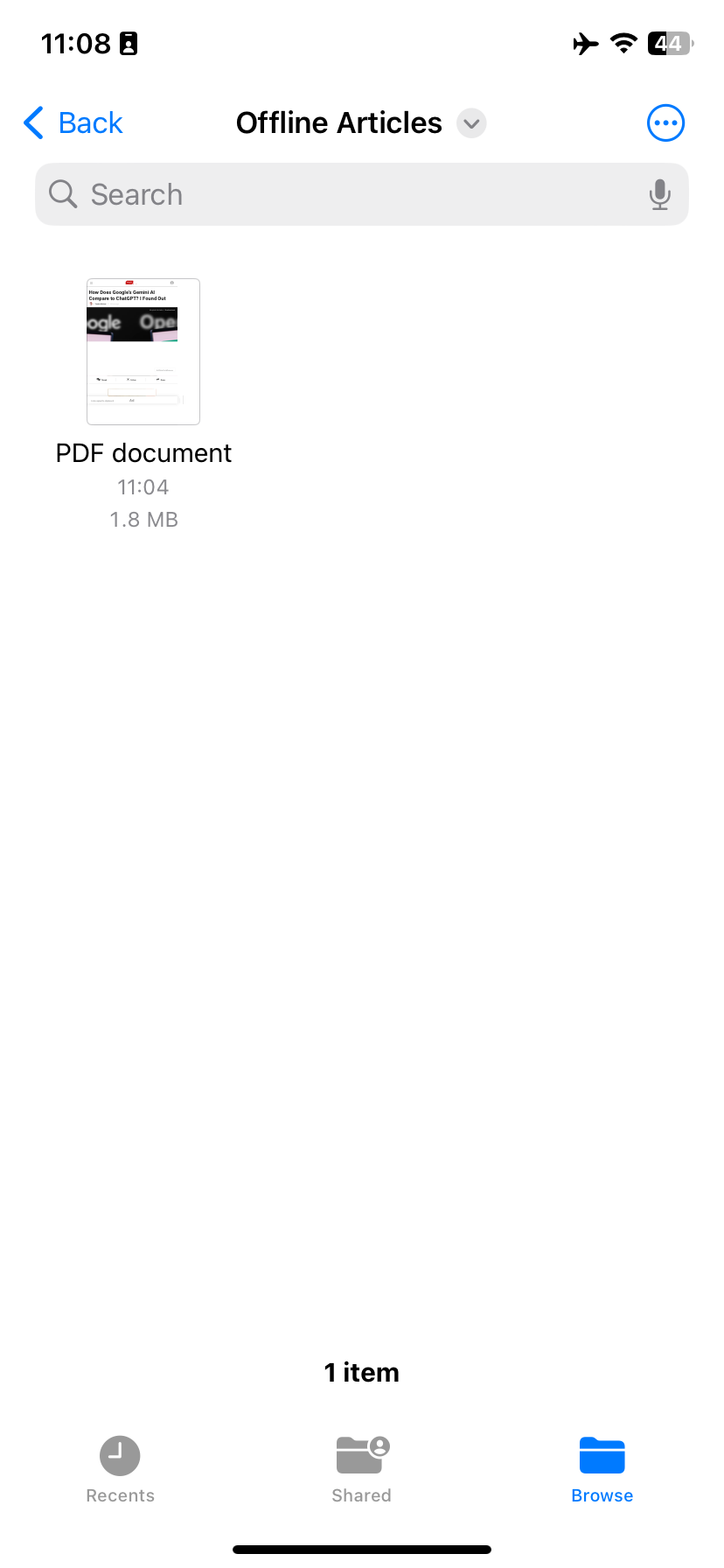 A Files folder on iOS, where there is one document 