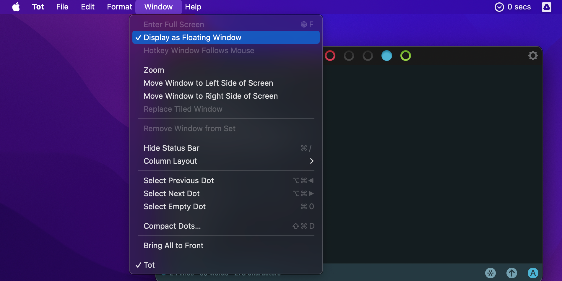 Tot's Floating Window feature enabled on Mac