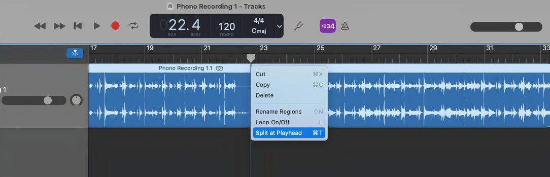 GarageBand - یک کلیپ صوتی را تقسیم کنید.