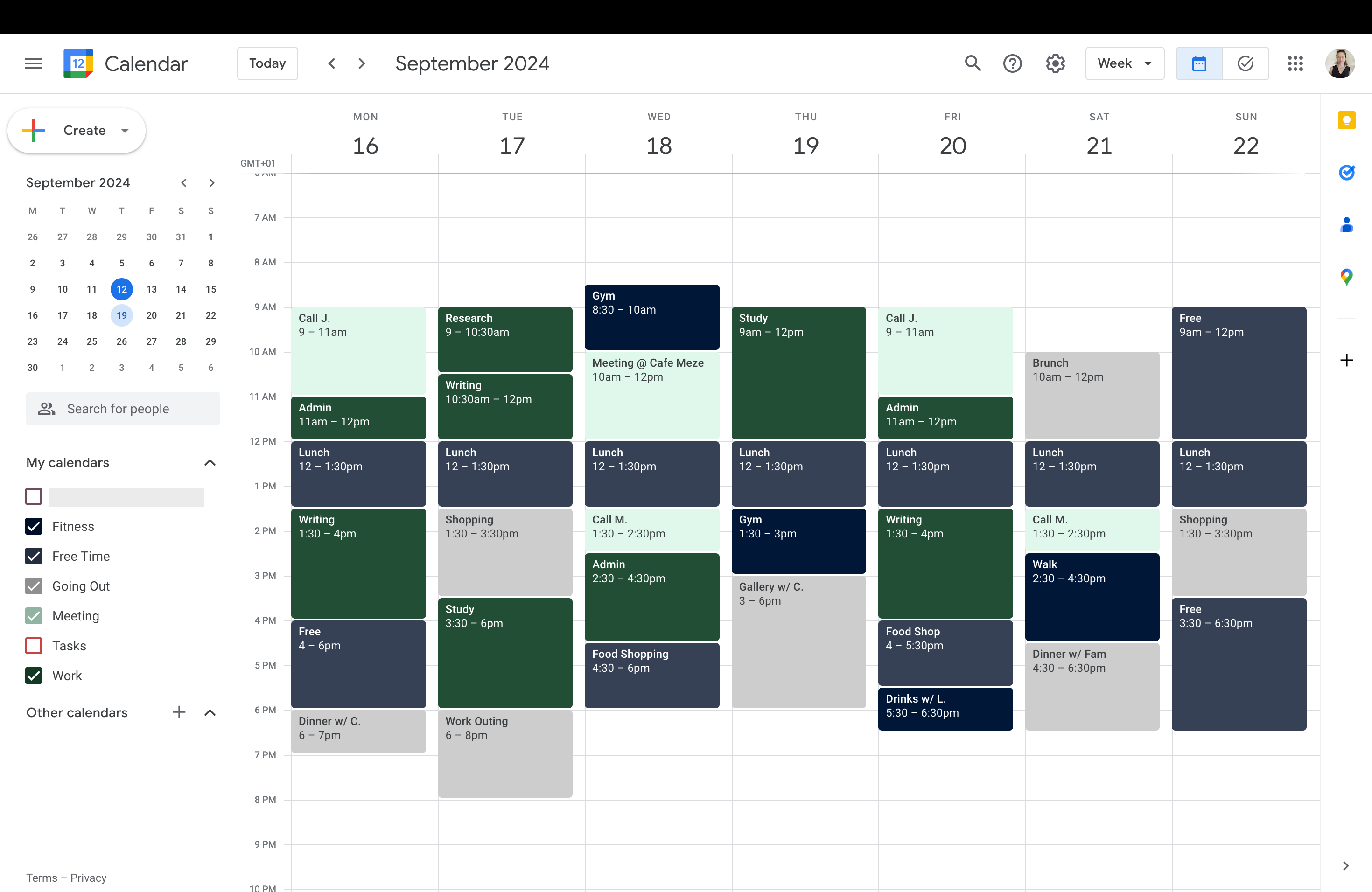 Google calendar with custom dark color scheme-1