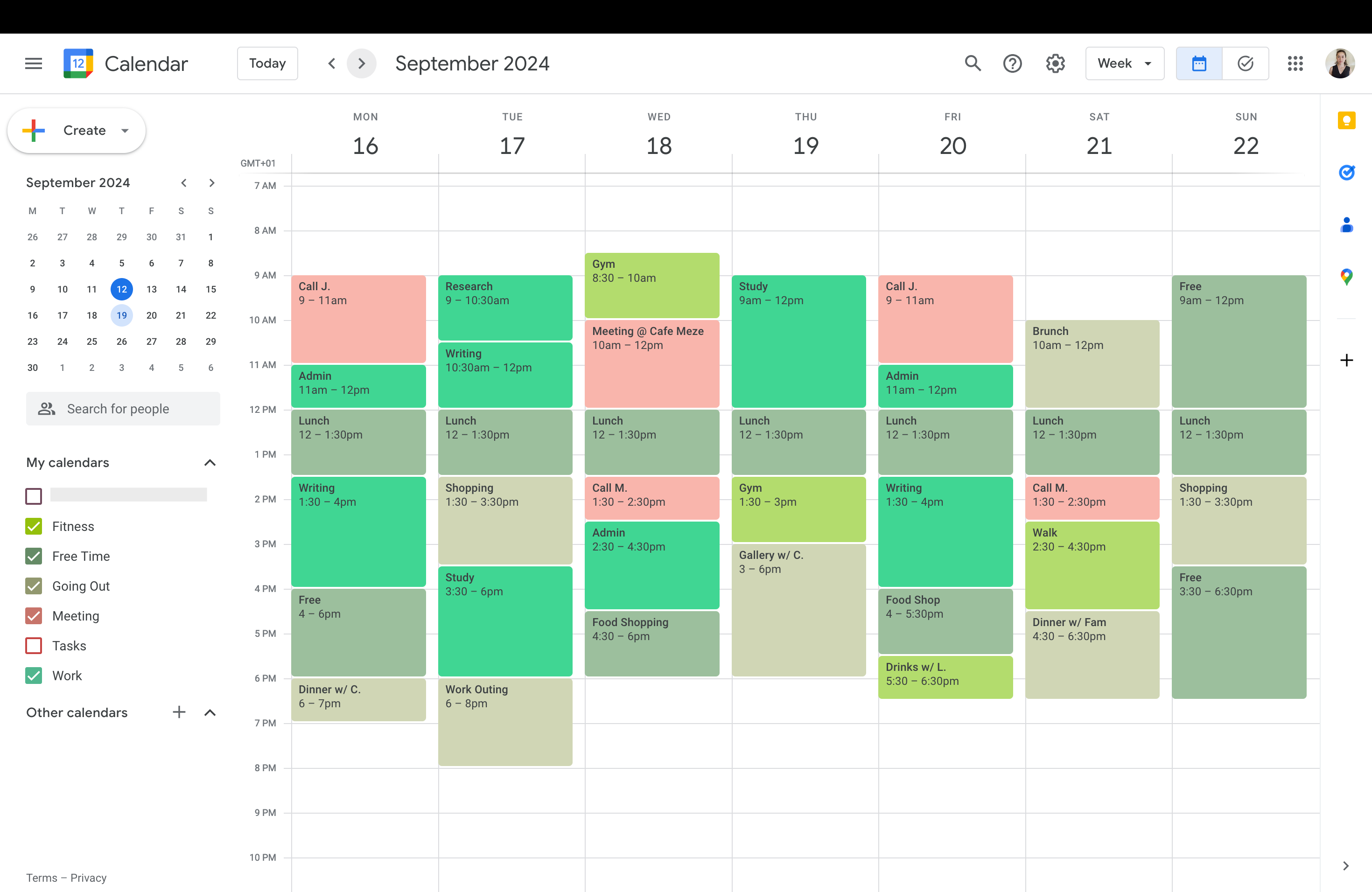 Google calendar with custom green color scheme 