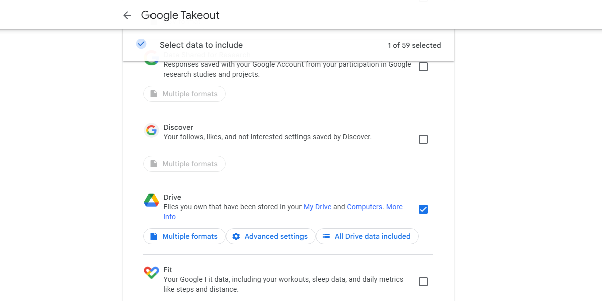 Selecting Google Drive in Google Takeout