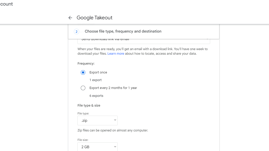 تنظیمات صادرات Google Takeout