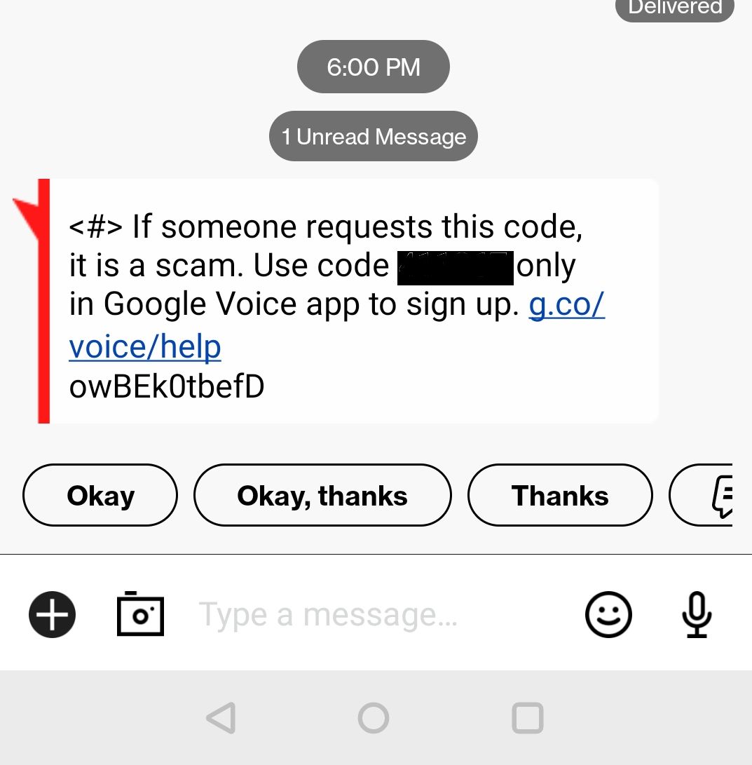 Google Voice verification code message