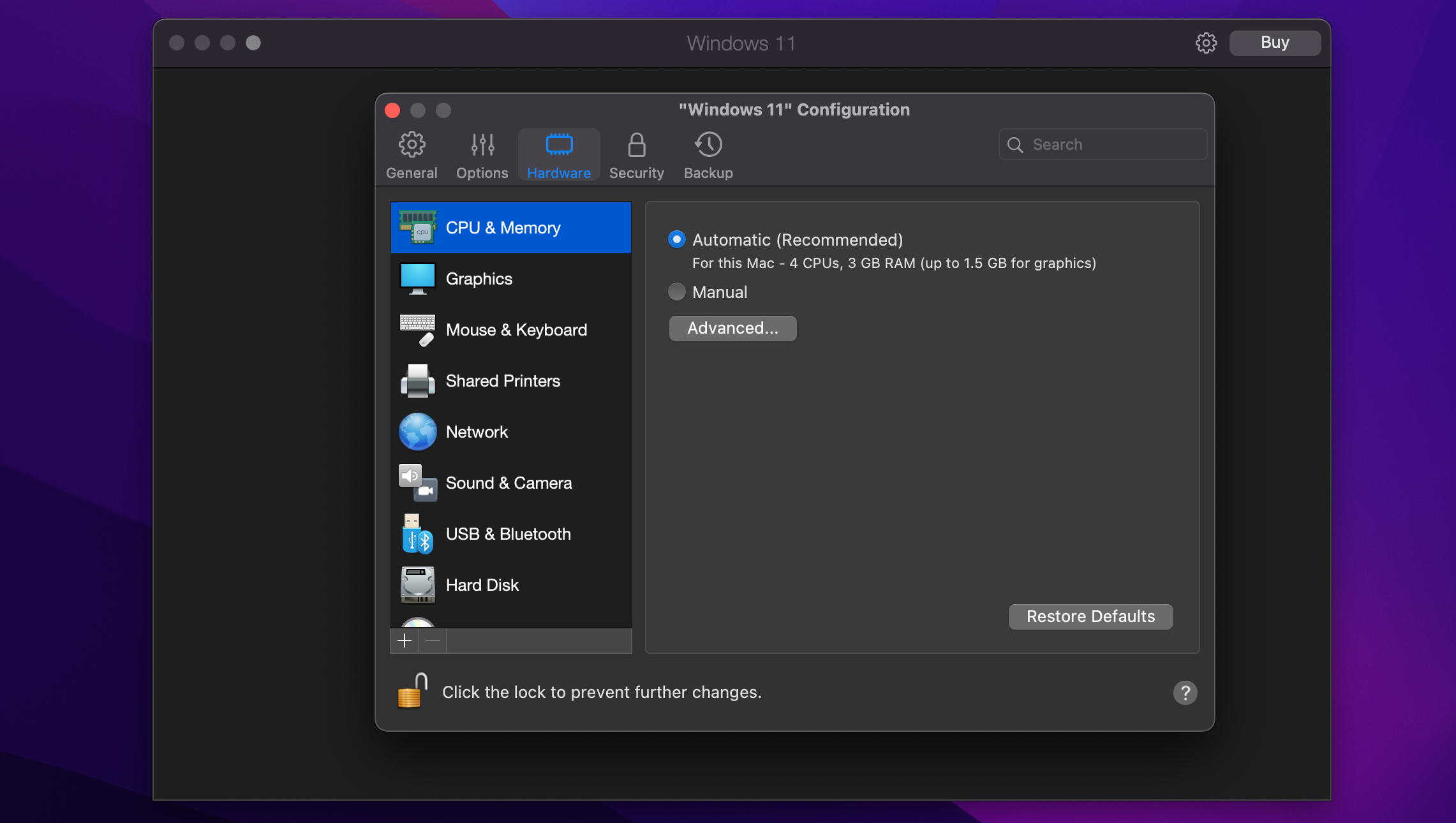 Hardware customization options for Windows 11 VM in Parallels Desktop