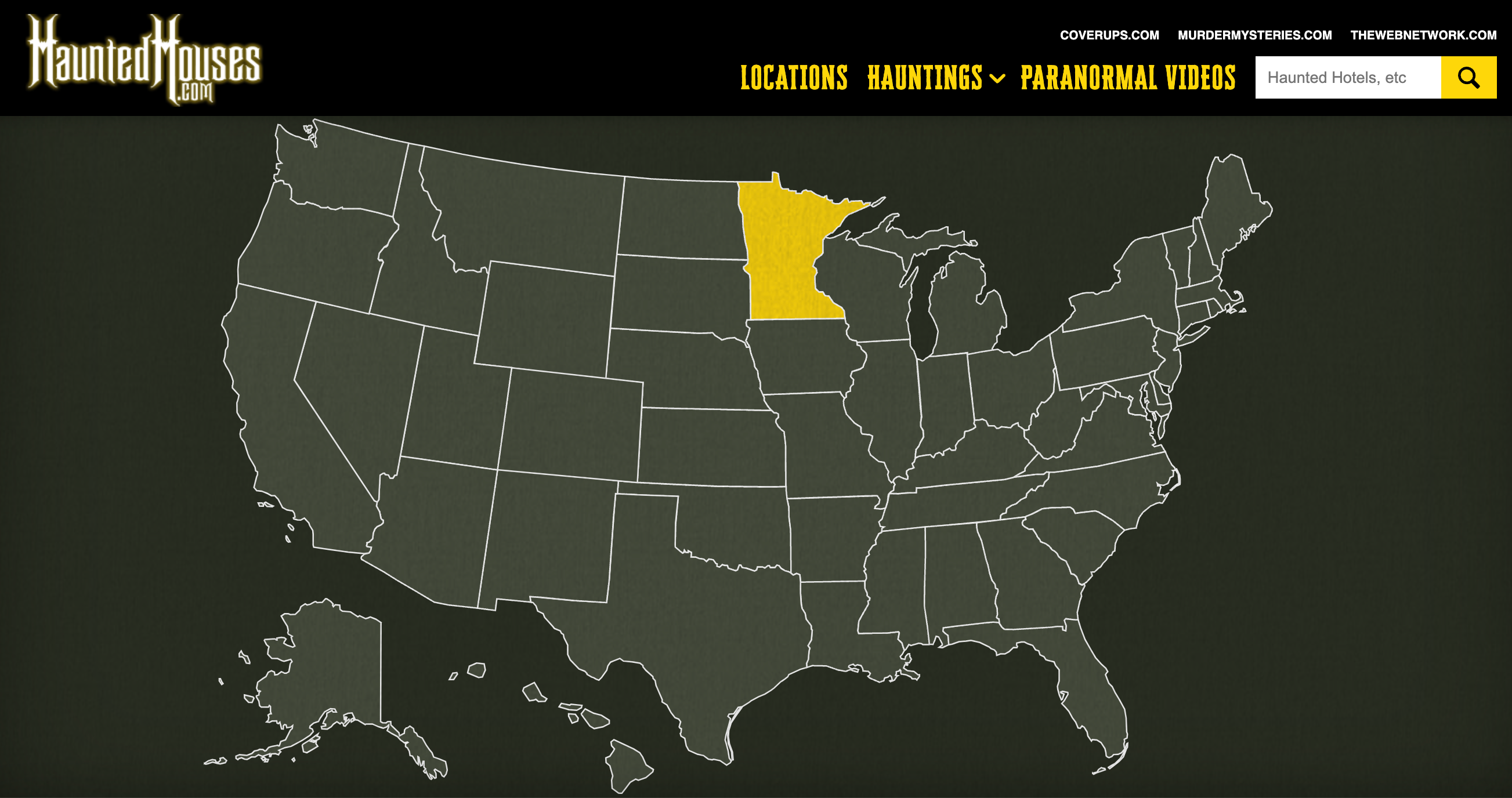 The interactive map on the Haunted Houses website's homepage