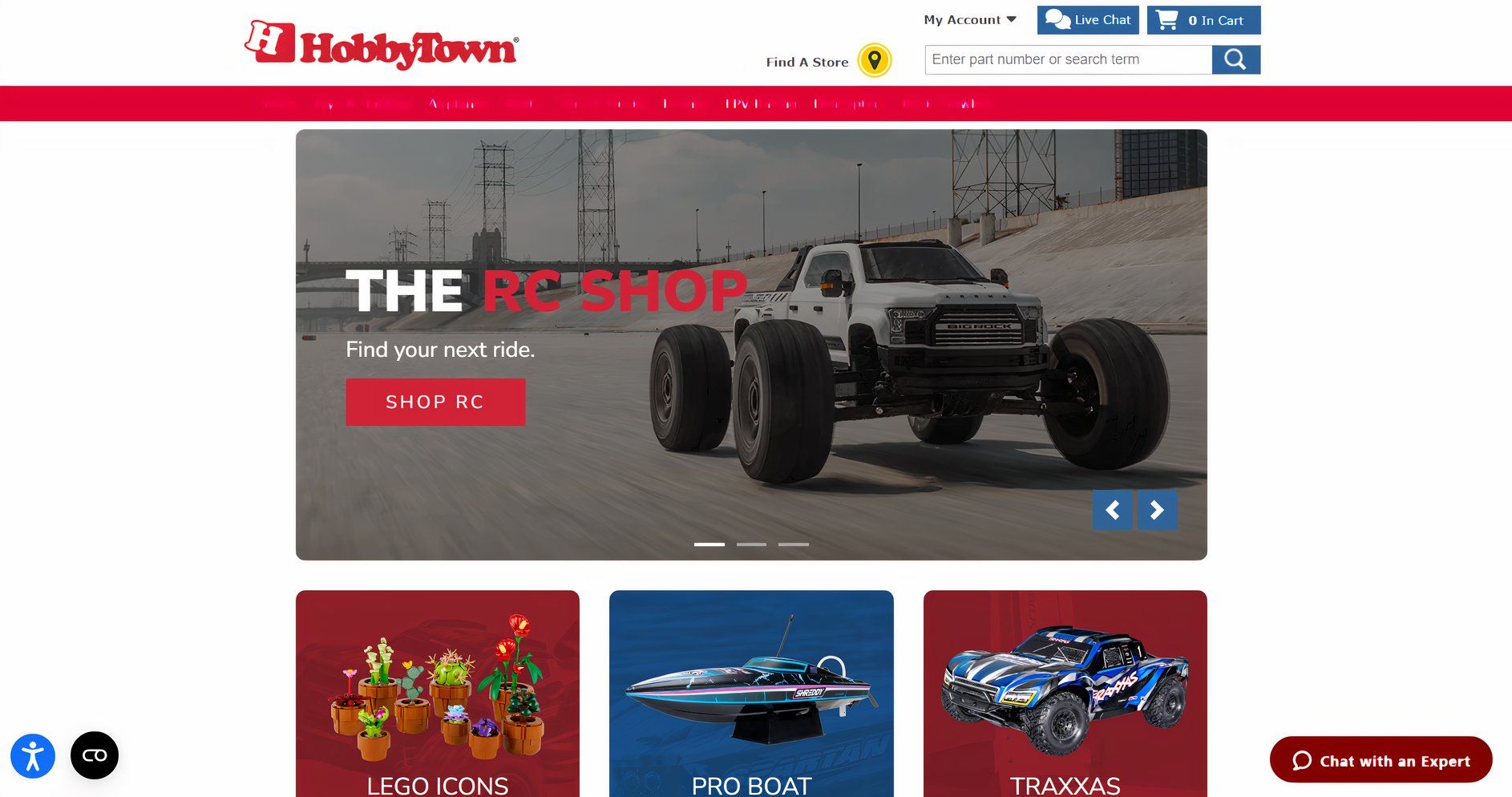 The homepage and navigation of HobbyTown with highlighted sections.