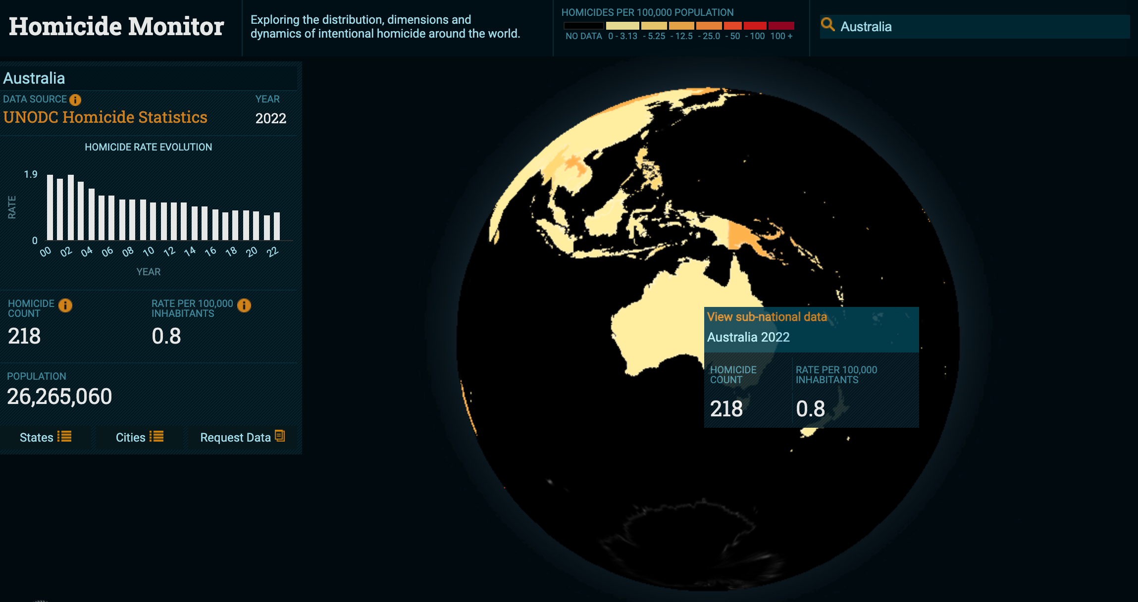 Interactive globe on Homicide Monitor showing the homicide rates in Australia