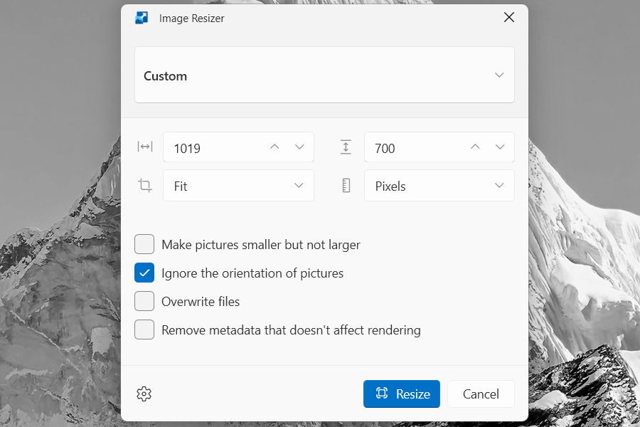 Resizing multiple images using Image Resizer on Windows.