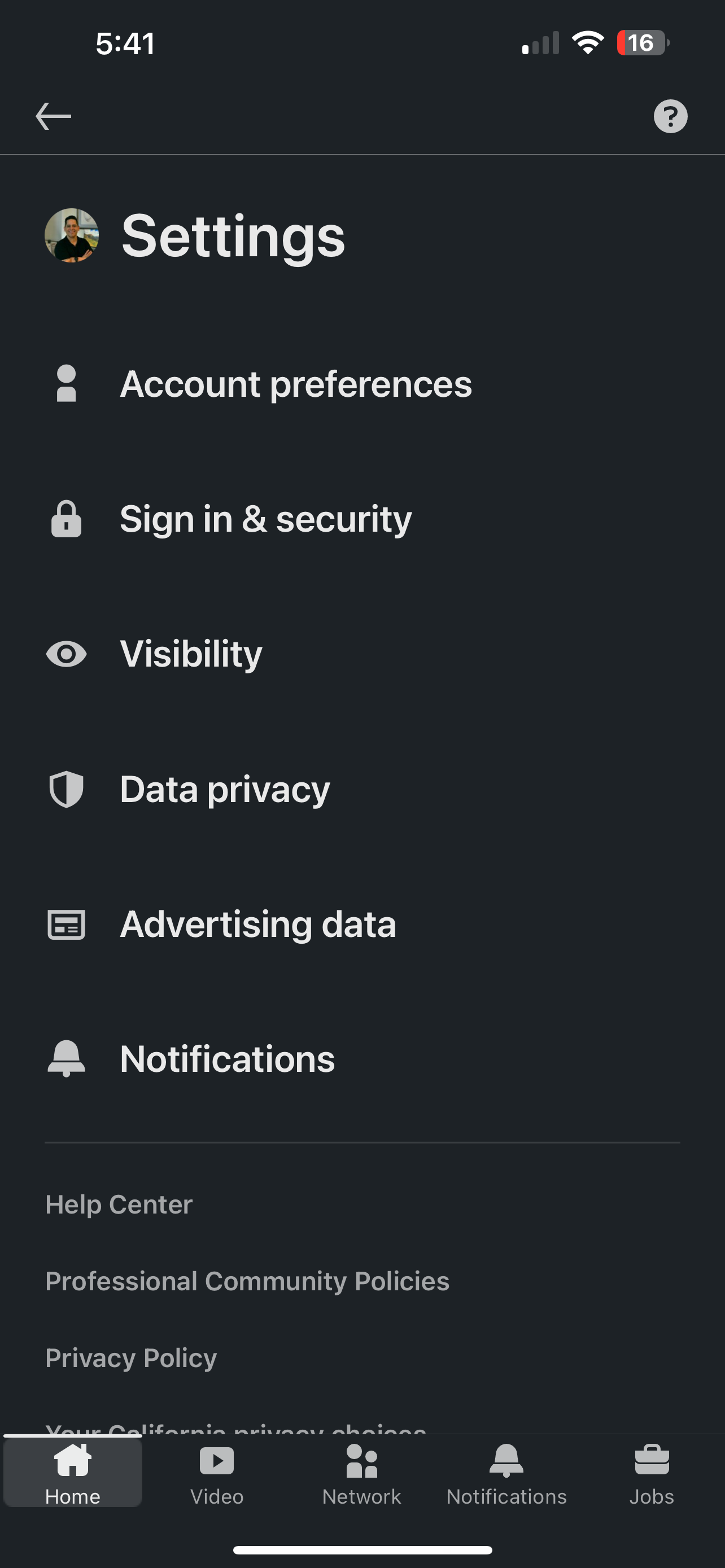 The LinkedIn Settings Screen on an iPhone