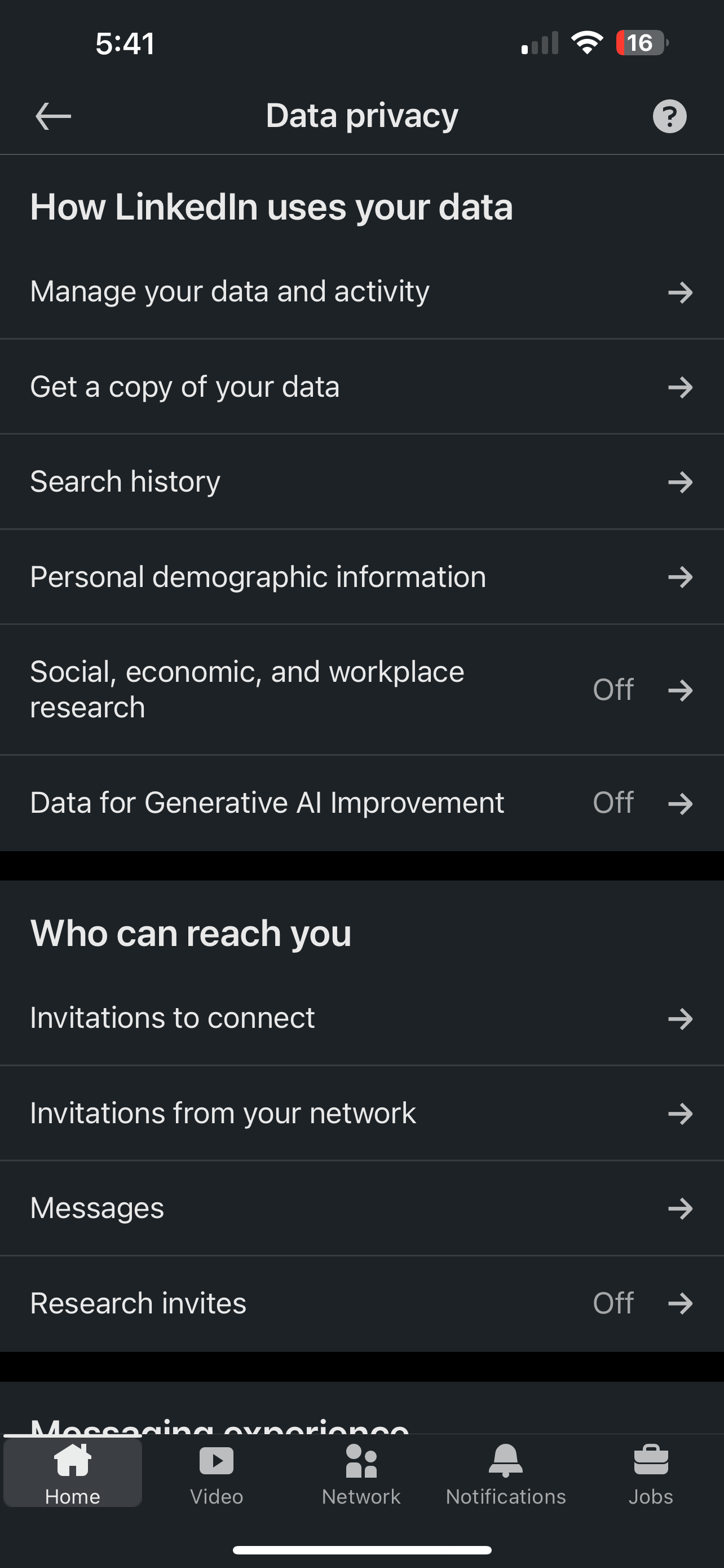 The Linked In Settings Screen when you select Data and Privacy settings