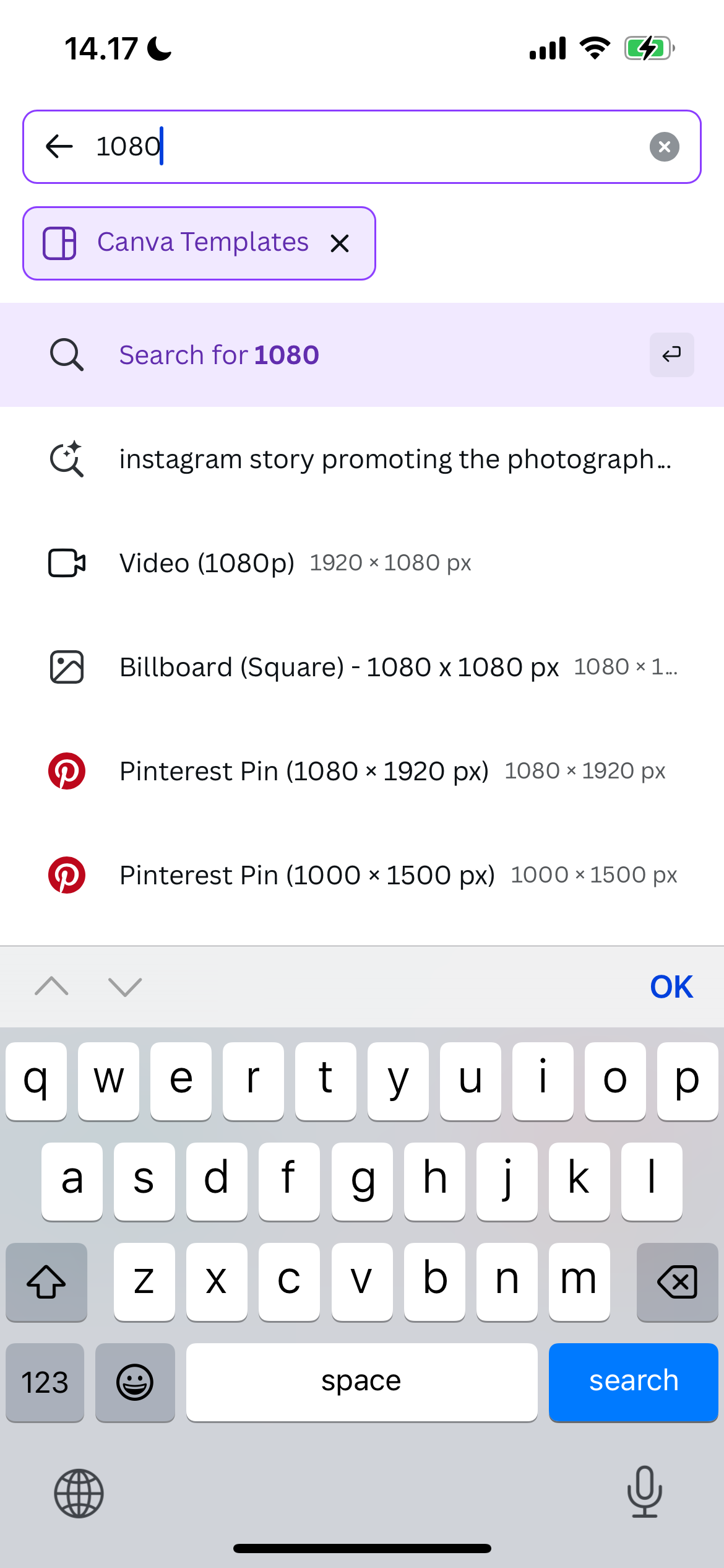 Search for a video template in the Canva app