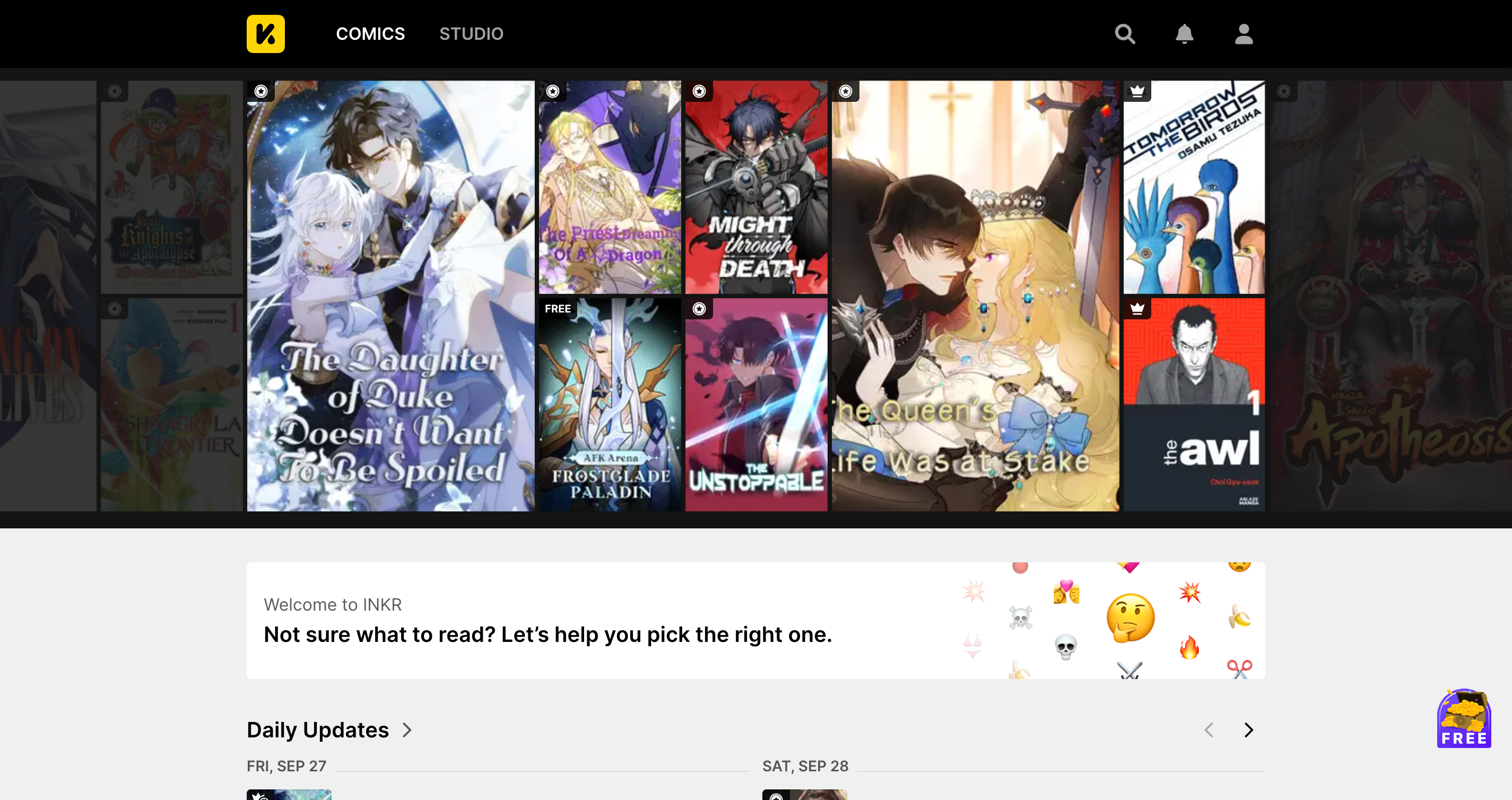 INKR Comics website homepage for reading manga