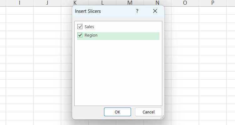 The "Insert Slicers" dialog box showing headers of a table in Excel.