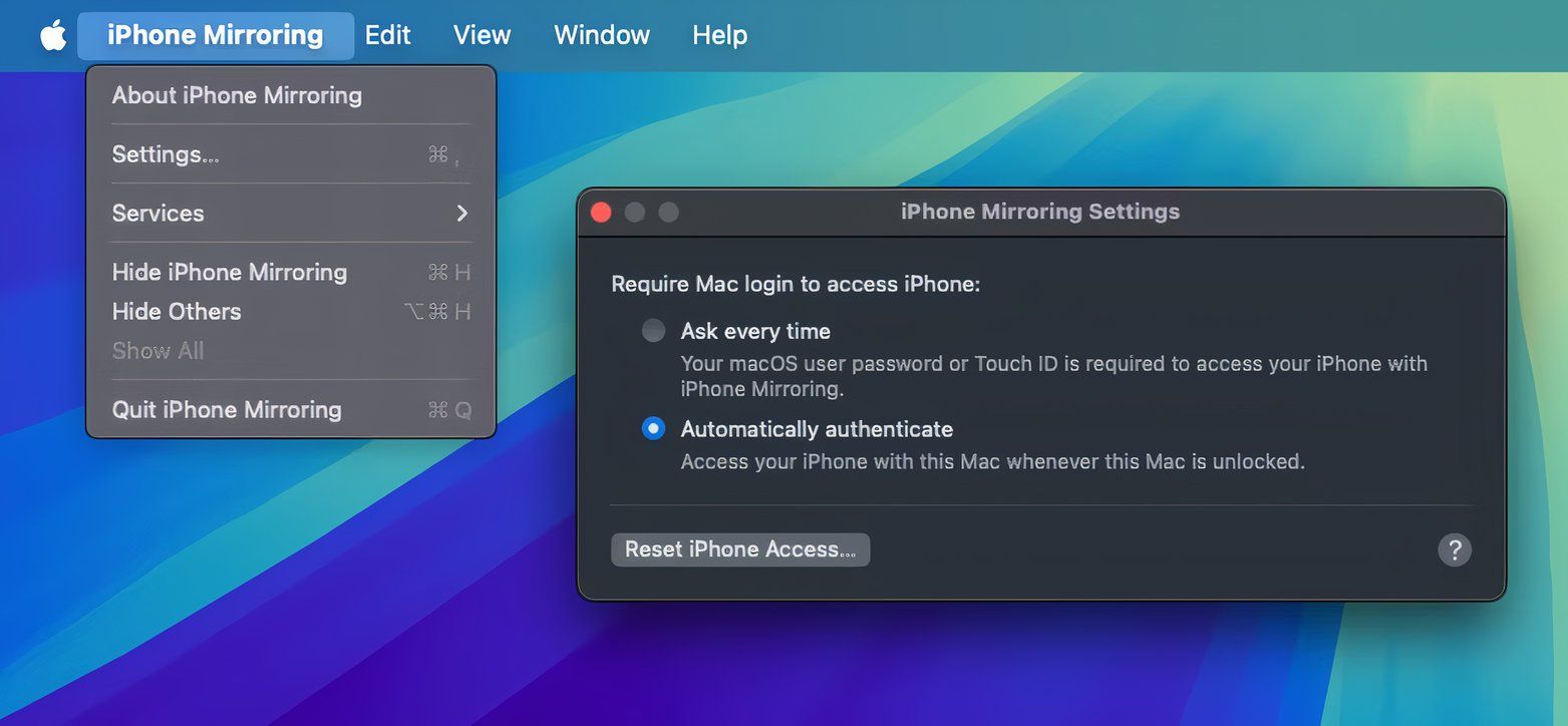 منوی تنظیمات iPhone Mirroring در macOS Sequoia
