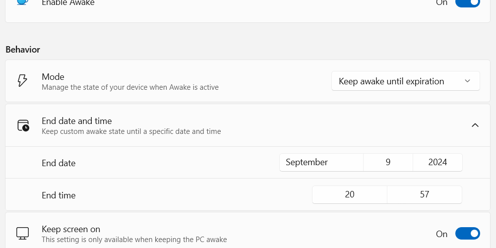 Setting the end data and time for Awake mode in PowerToys.