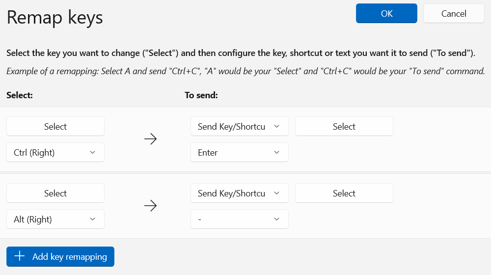 The PowerToys Remap Keys window on Windows.