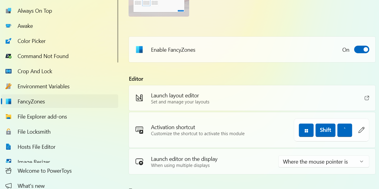 The FancyZones section of PowerToys.