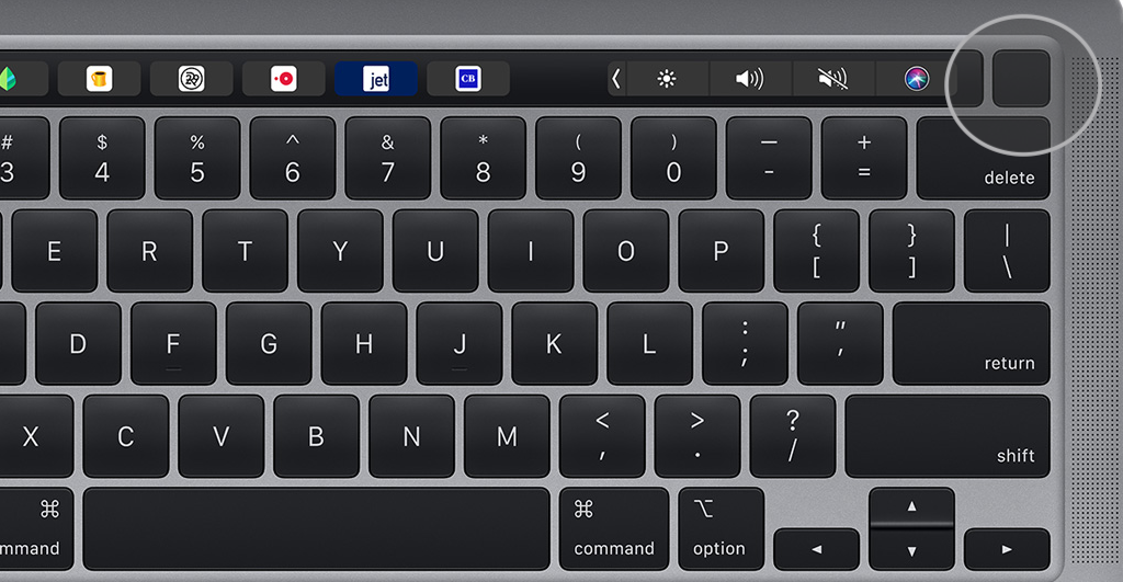 MacBook Pro keyboard with power button highlighted