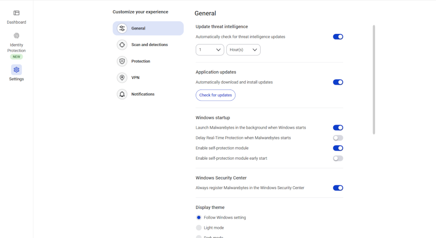 An image of the setings tab of Malwarebytes antivirus