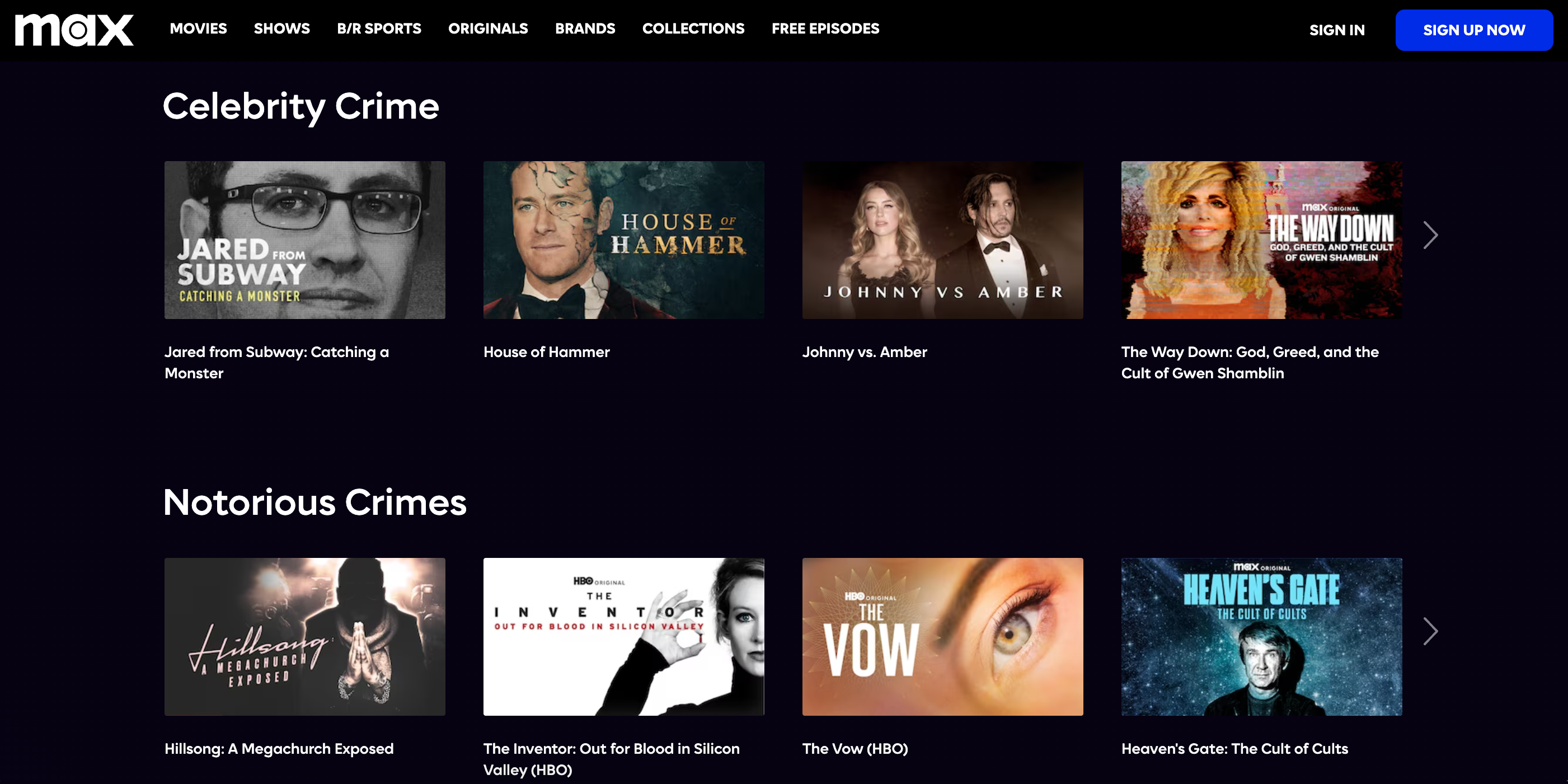 Two carousels of true crime documentaries are featured on Max's streaming platform