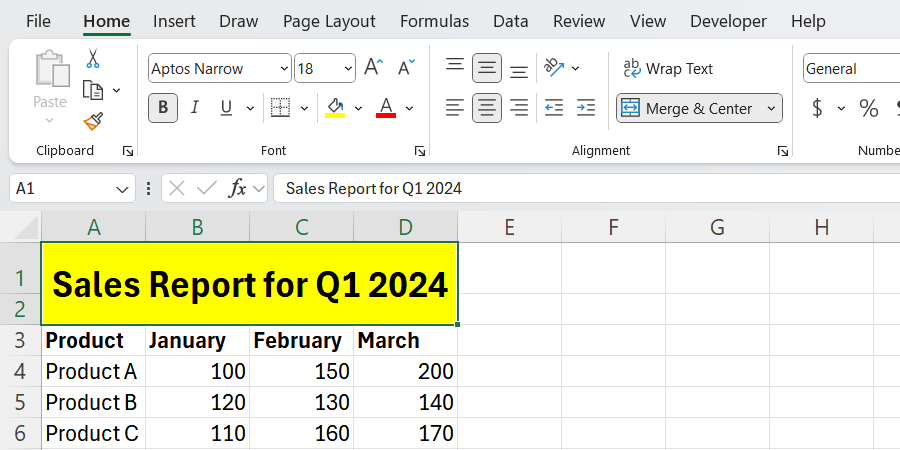 A heading created from merged cells in Excel.