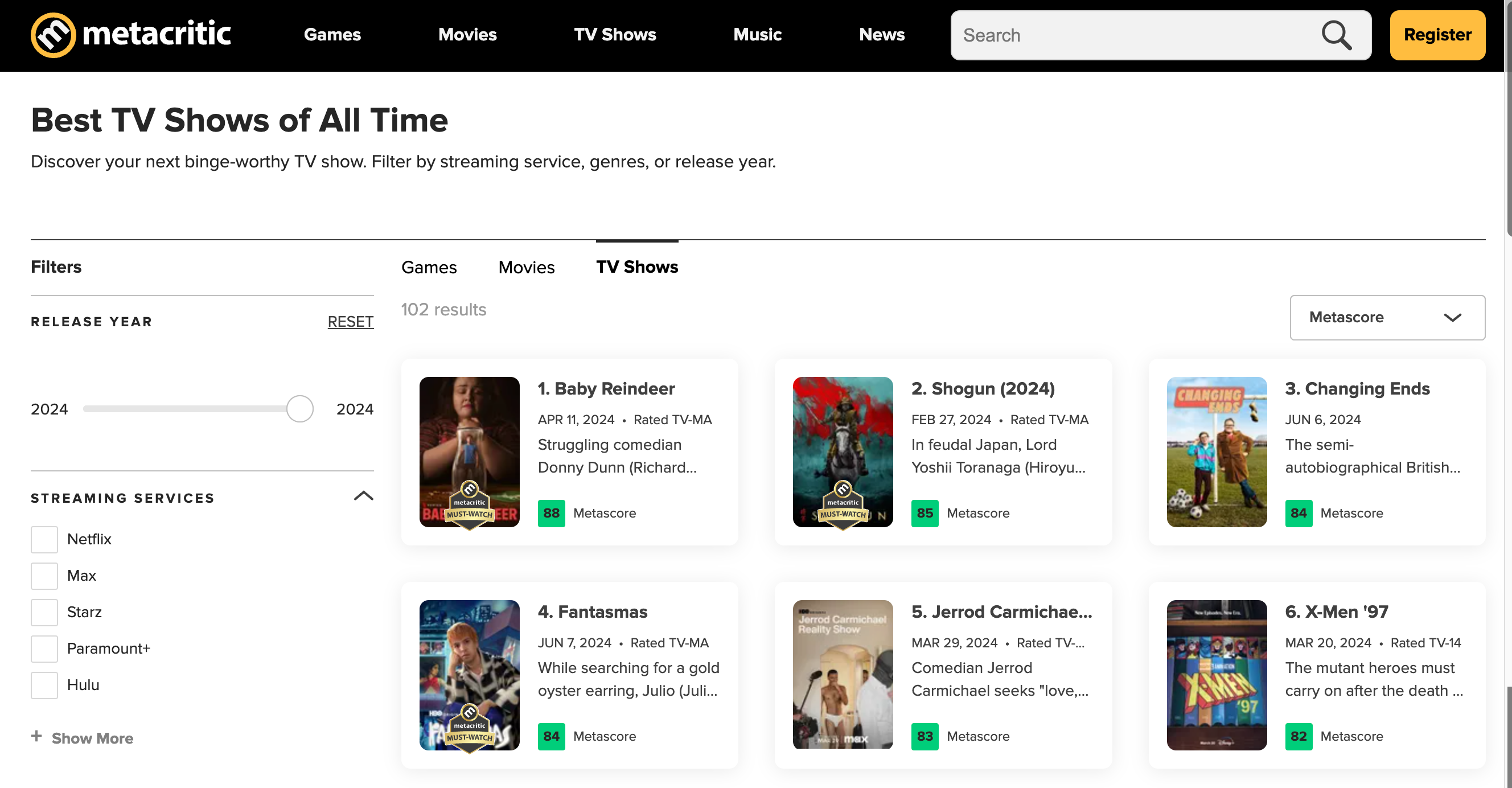 Viewing best rated TV Shows on Metacritic