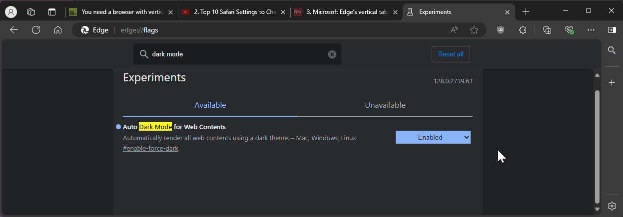 Auto Dark Mode for Web Content experimental feature in Microsoft Edge