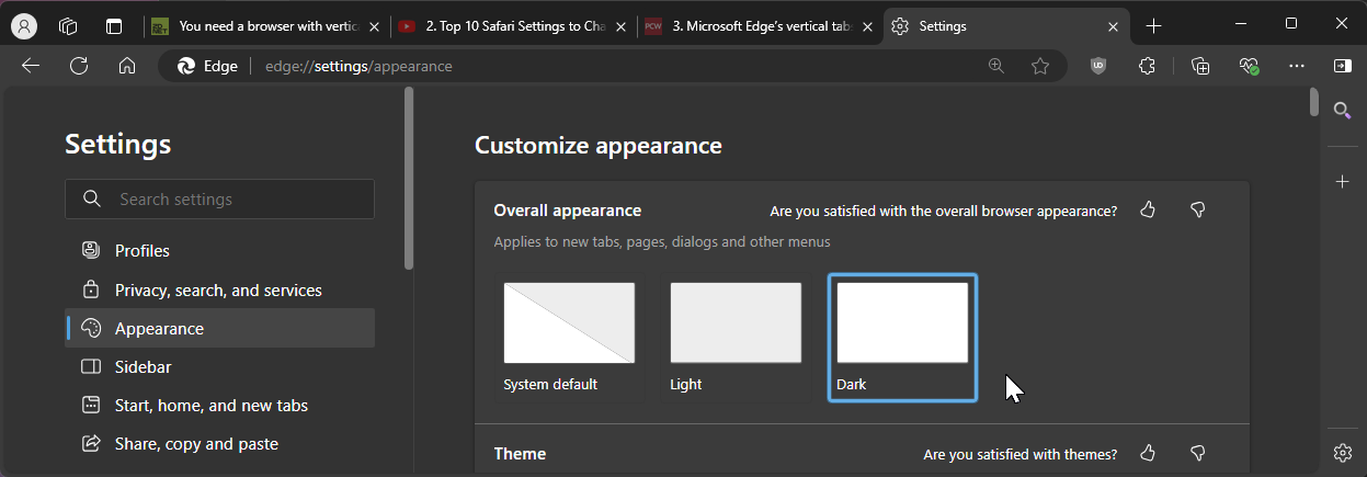 The Dark them option in Microsoft Edge 