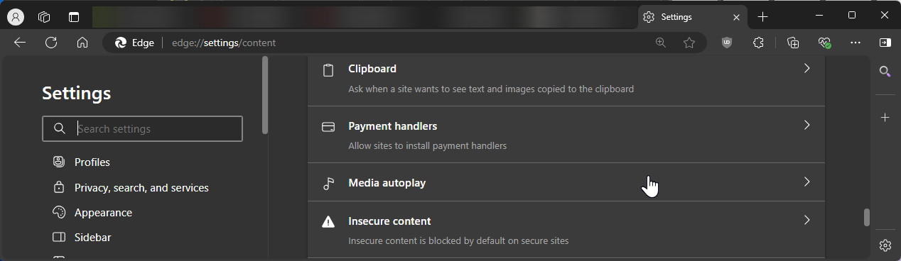 Microsoft Edge Media autoplay option