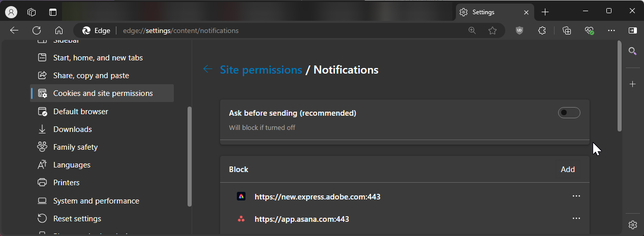 Microsoft Edge notification settings