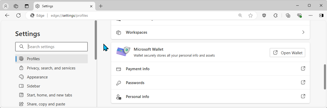 Microsoft Wallet option in Microsoft Edge