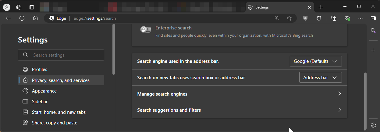 Default search engine settings in Microsoft Edge