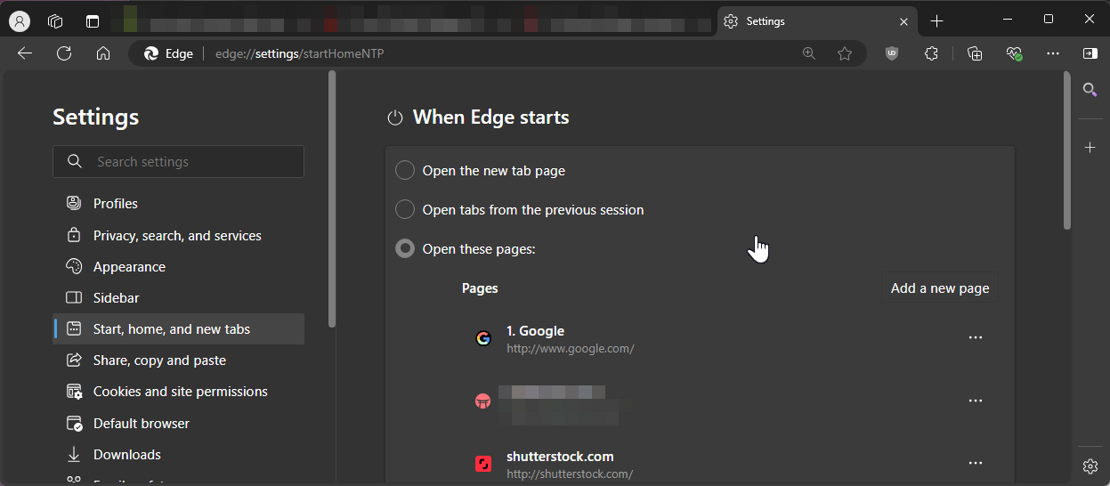 Microsoft Edge startup page settings