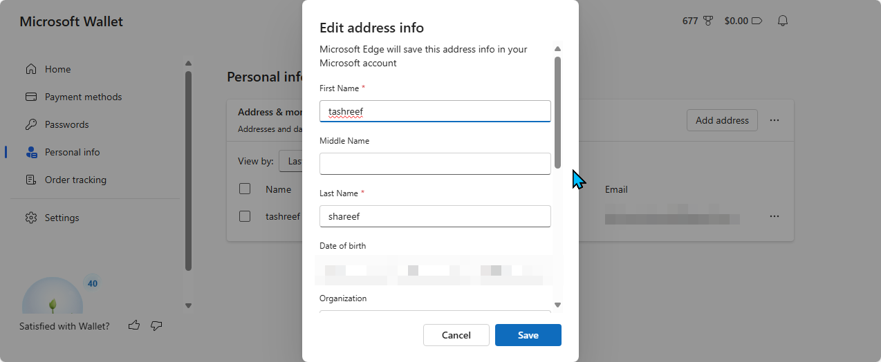 The Add address form in Microsoft Wallet in Edge