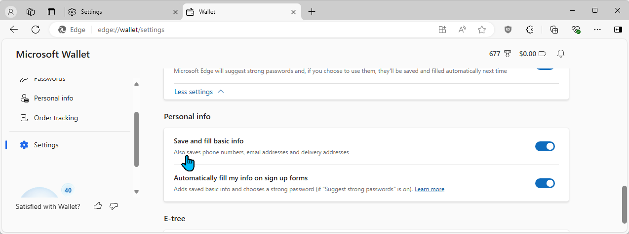 Microsoft Edge Wallet settings in Windows 11