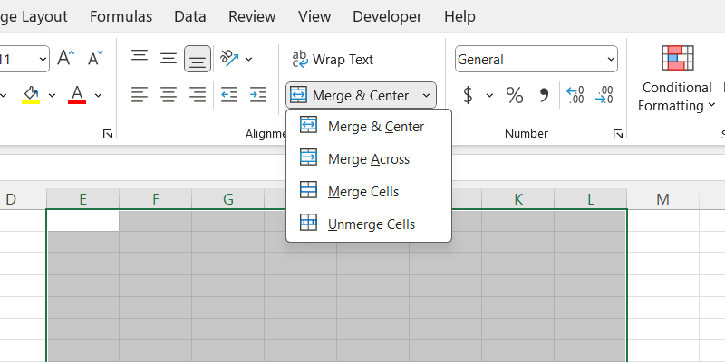 Viewing more merge options in Excel.